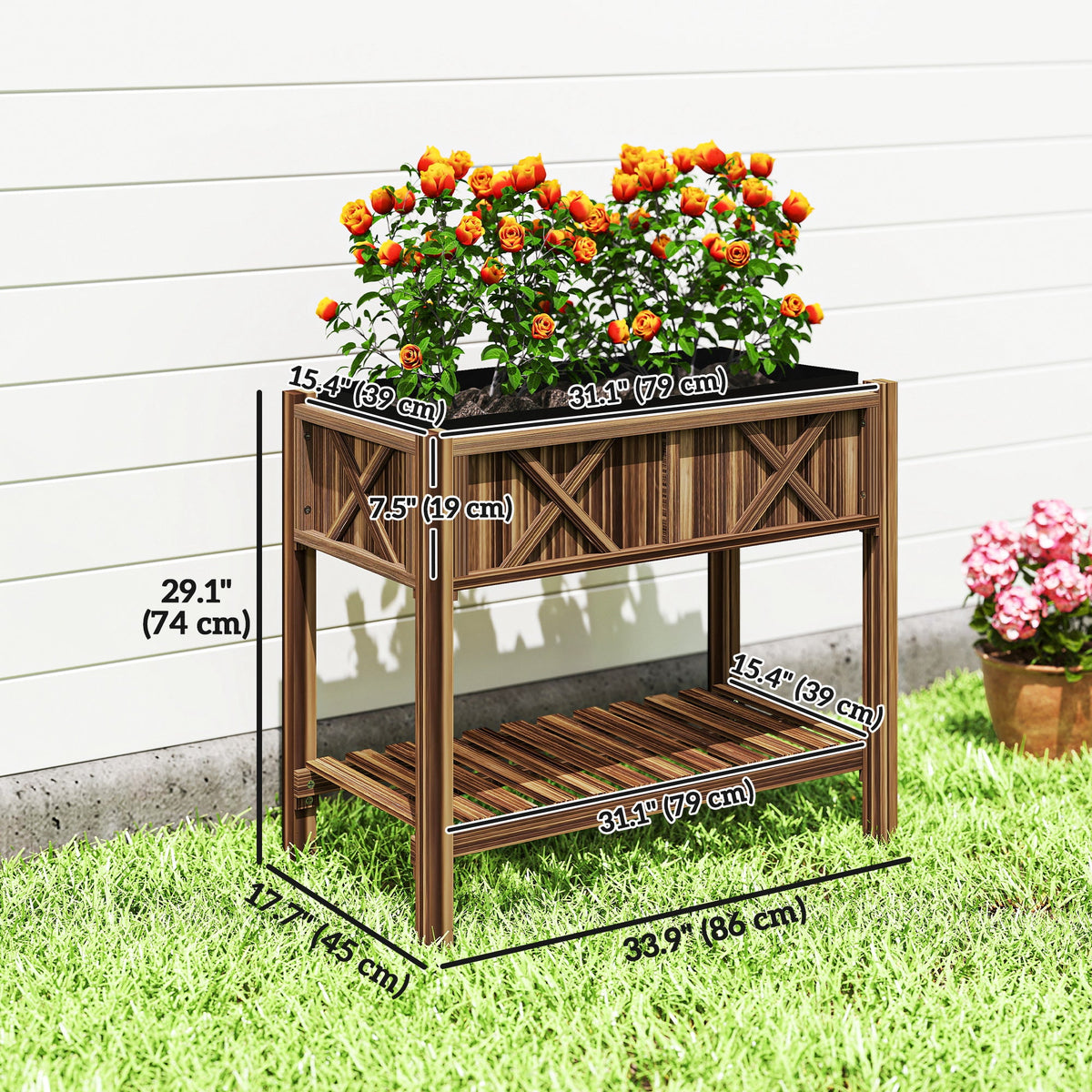 34" x 18" x 30" Wooden Raised Garden Bed with Shelf, Carbonized — product view 5
