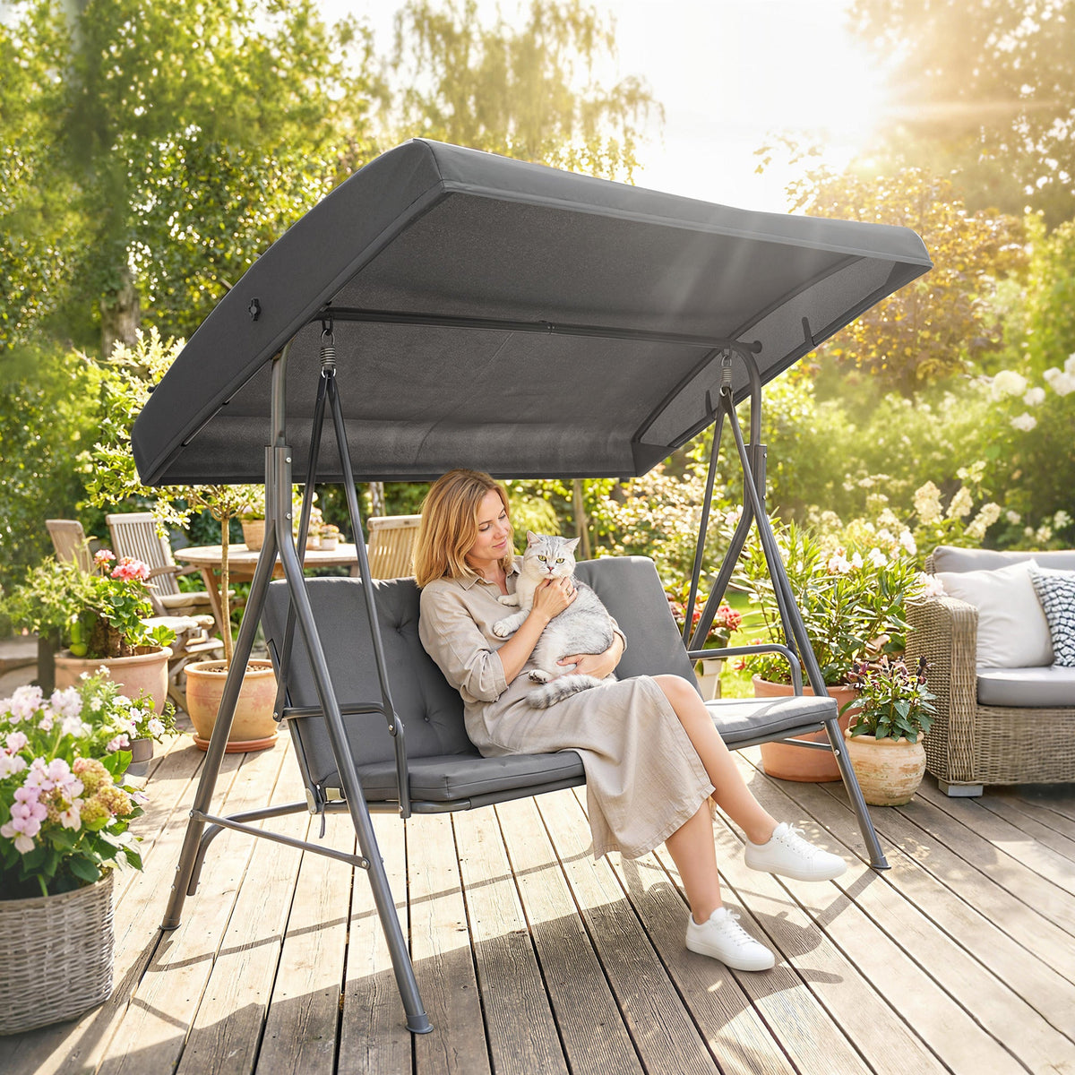 3 Seater Garden Swing Chair with Tilting Canopy and Cushion, Dark Grey — product view 3