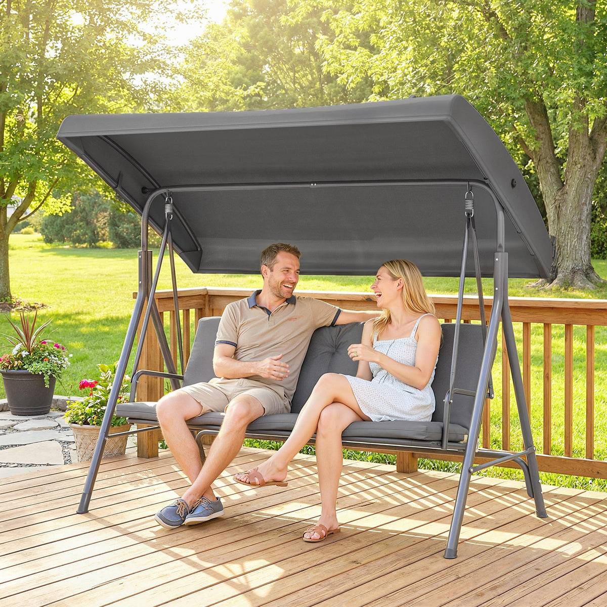 3 Seater Garden Swing Chair with Tilting Canopy and Cushion, Dark Grey — product view 4