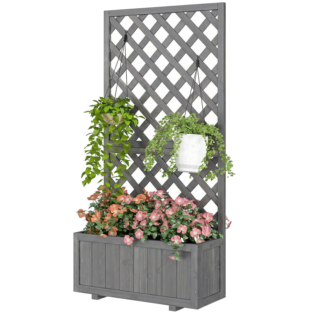 Wood Planter with Trellis and Drainage Holes, Grey — product view 2