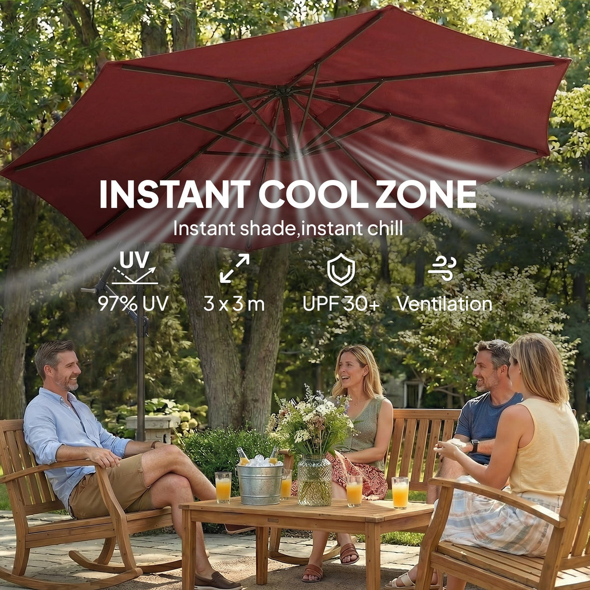 3 m Banana Parasol with Crank Handle, 8 Ribs & Cross Base, Wine Red — product view 6