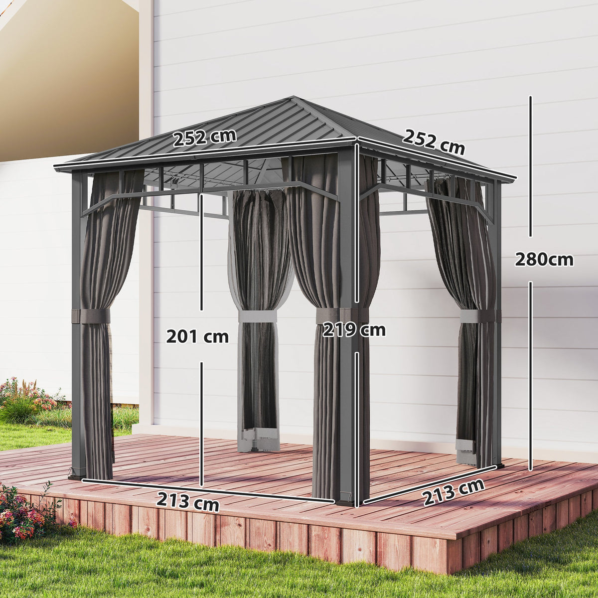 2.5 x 2.5 m Hardtop Gazebo with Galvanised Roof, Netting & Curtains, Dark Grey — product view 5