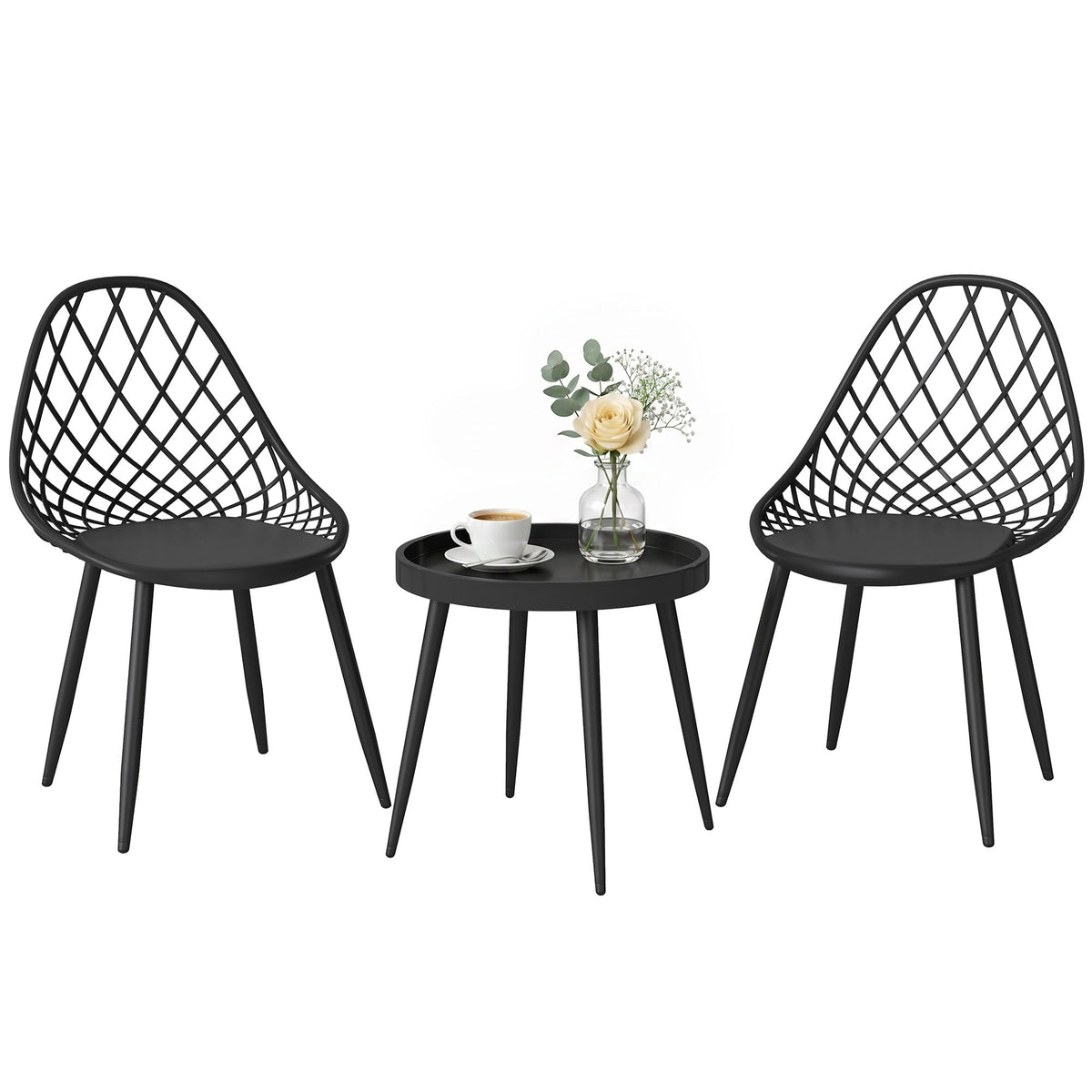 3-Piece Outdoor Bistro Set, 2 Chairs & Round Table, Weatherproof Metal, Black — product view 1