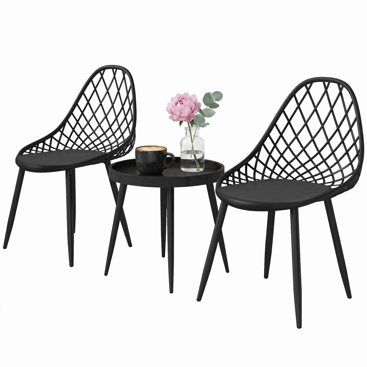 3-Piece Outdoor Bistro Set, 2 Chairs & Round Table, Weatherproof Metal, Black — product view 2
