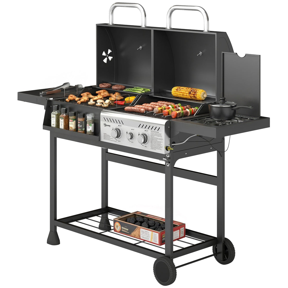Dual Fuel BBQ Grill with Charcoal and 2+1 Gas Burners, Black — product view 2