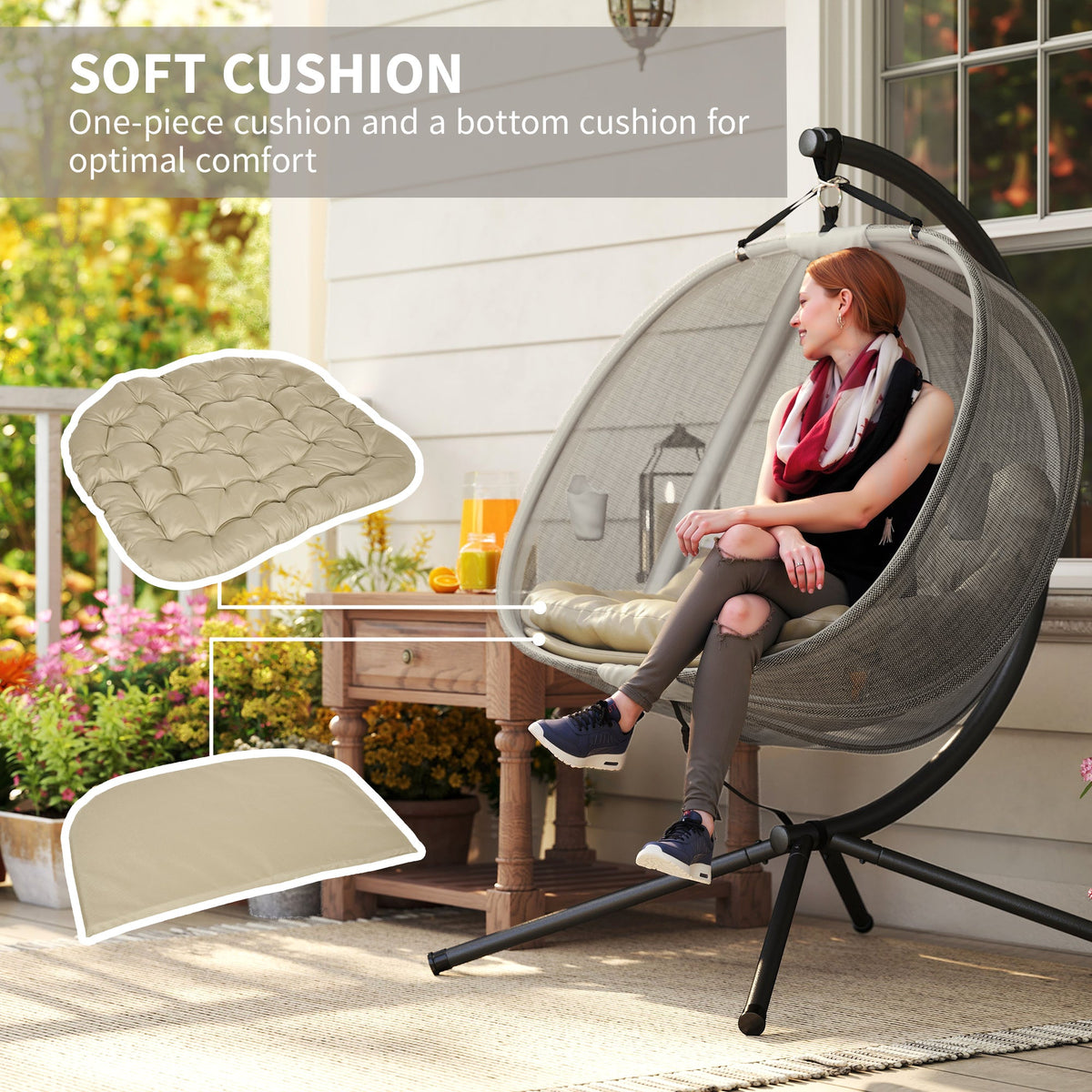 2-Person Double Egg Chair with Stand, 528 lbs Capacity, Cushioned Loveseat, Khaki — product view 7