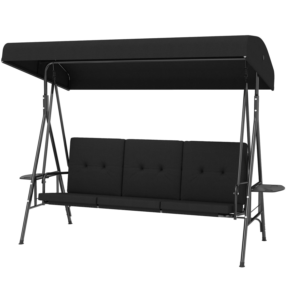 3-Seat Patio Swing Chair with Adjustable Canopy and Side Tray, Black — product view 2