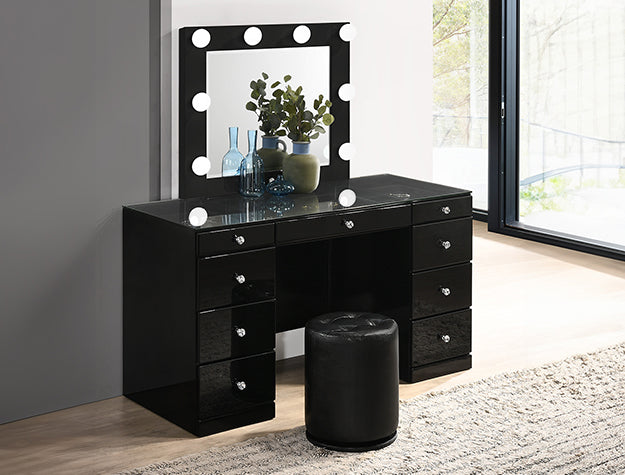 B4850BK 3-Piece Black High Gloss Makeup Bedroom Vanity Set with LED Lighting — product view 1