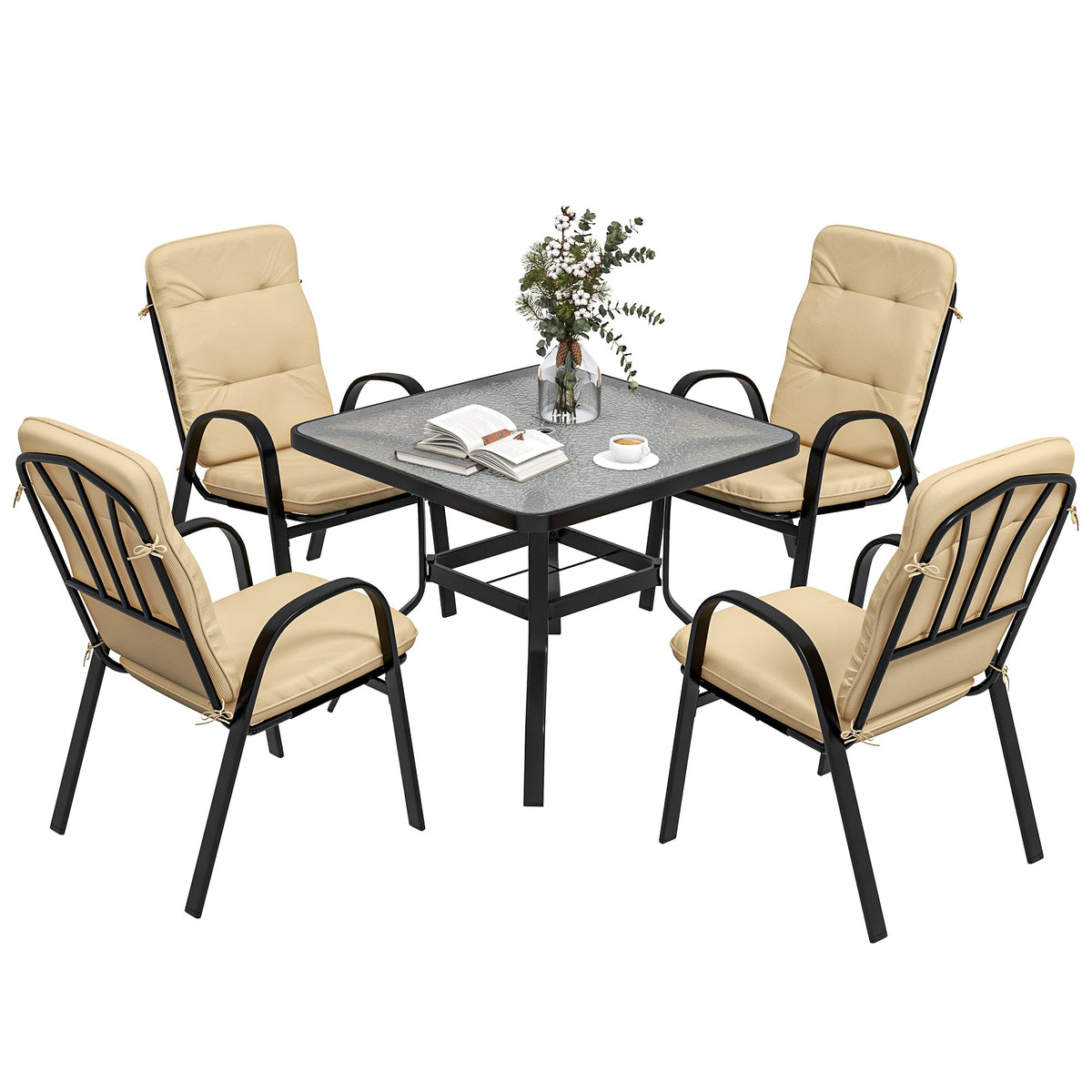 5 Piece Garden Dining Set with Square Glass Table & 4 Cushioned Chairs, Beige — product view 1