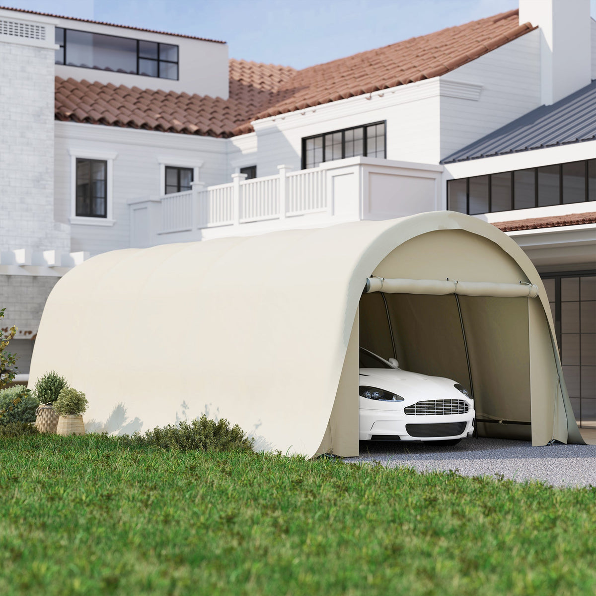 12' x 23.6' Heavy Duty Carport with Roll-Up Door, Beige — product view 3