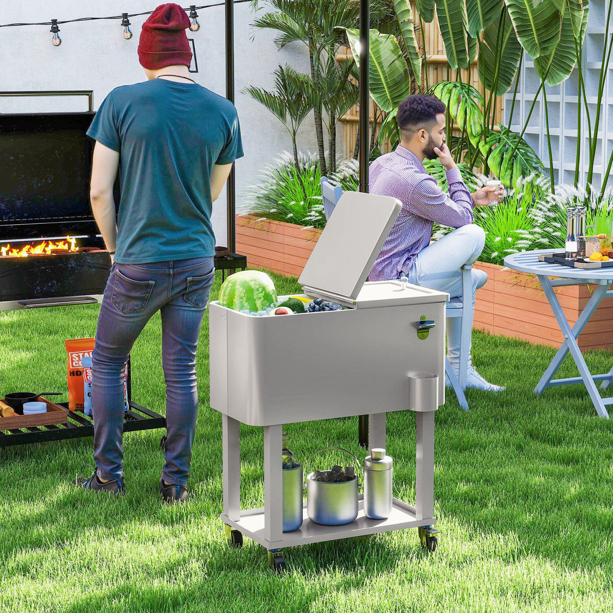 60 Quart Rolling Patio Cooler Cart with Shelf and Bottle Opener, Silver — product view 3