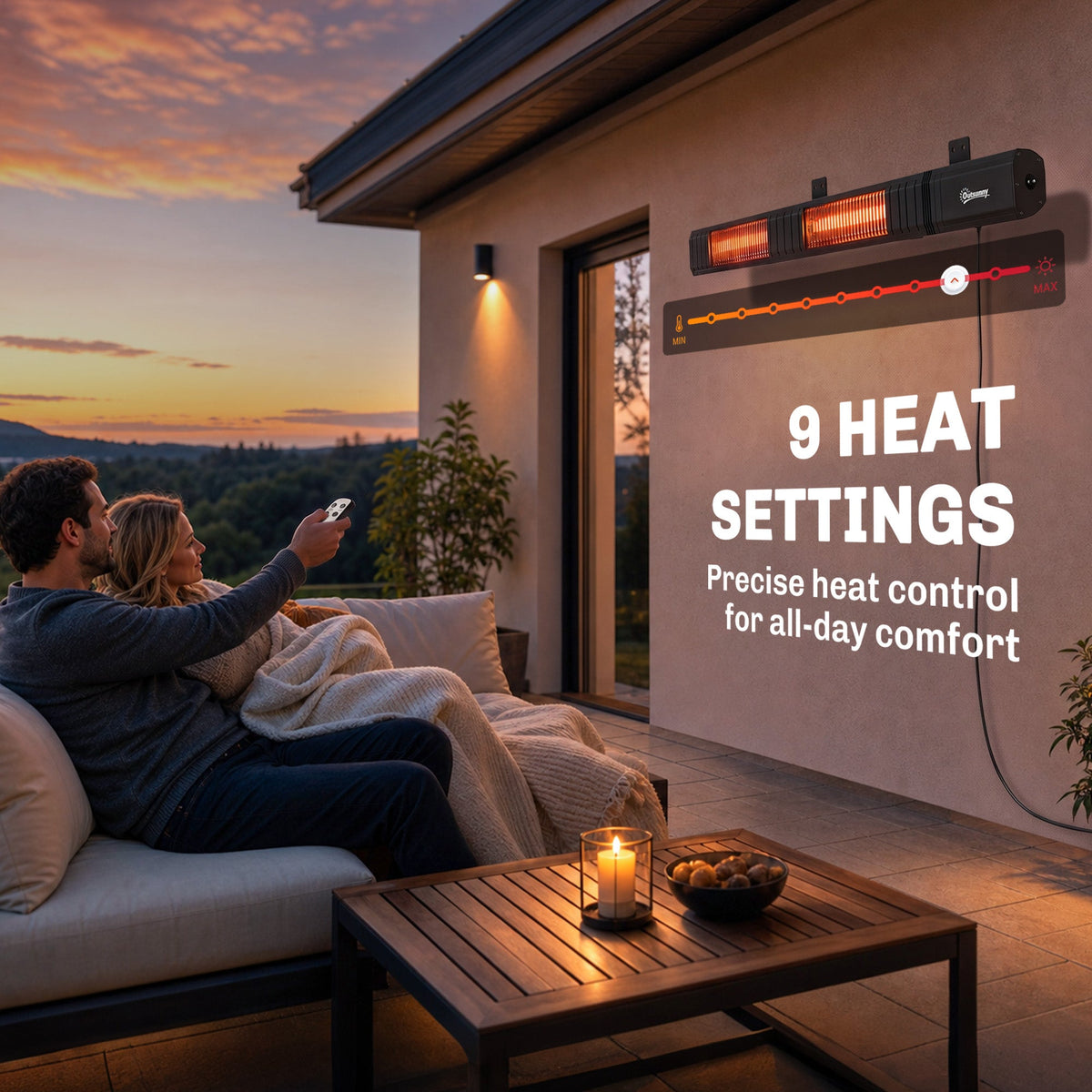 3000 W Electric Infrared Patio Heater, Wall-Mounted with 9 Heat Settings, Black — product view 7
