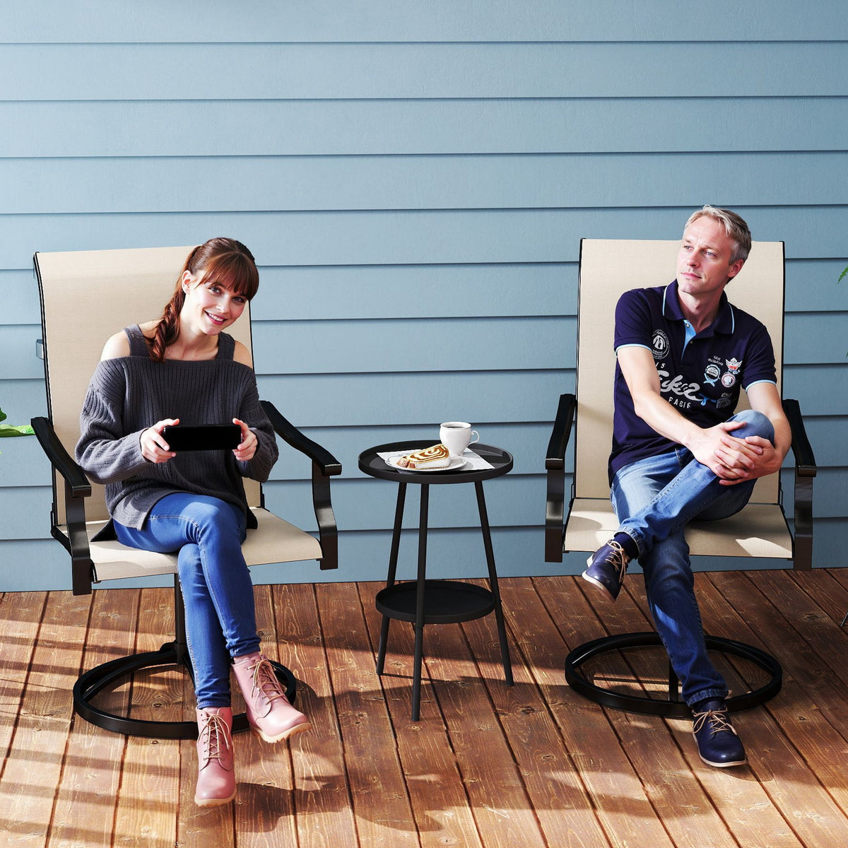 2-Piece Outdoor Patio Swivel Chairs, Beige — product view 3