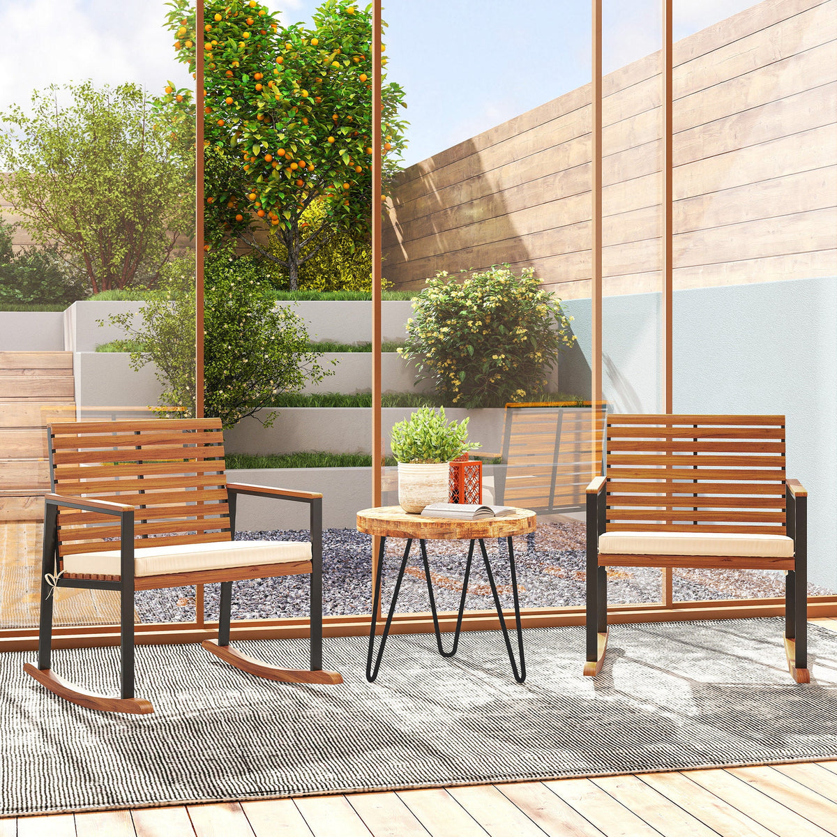 2-Piece Acacia Wood Rocking Chair Set with Cushions, Cream White — product view 3