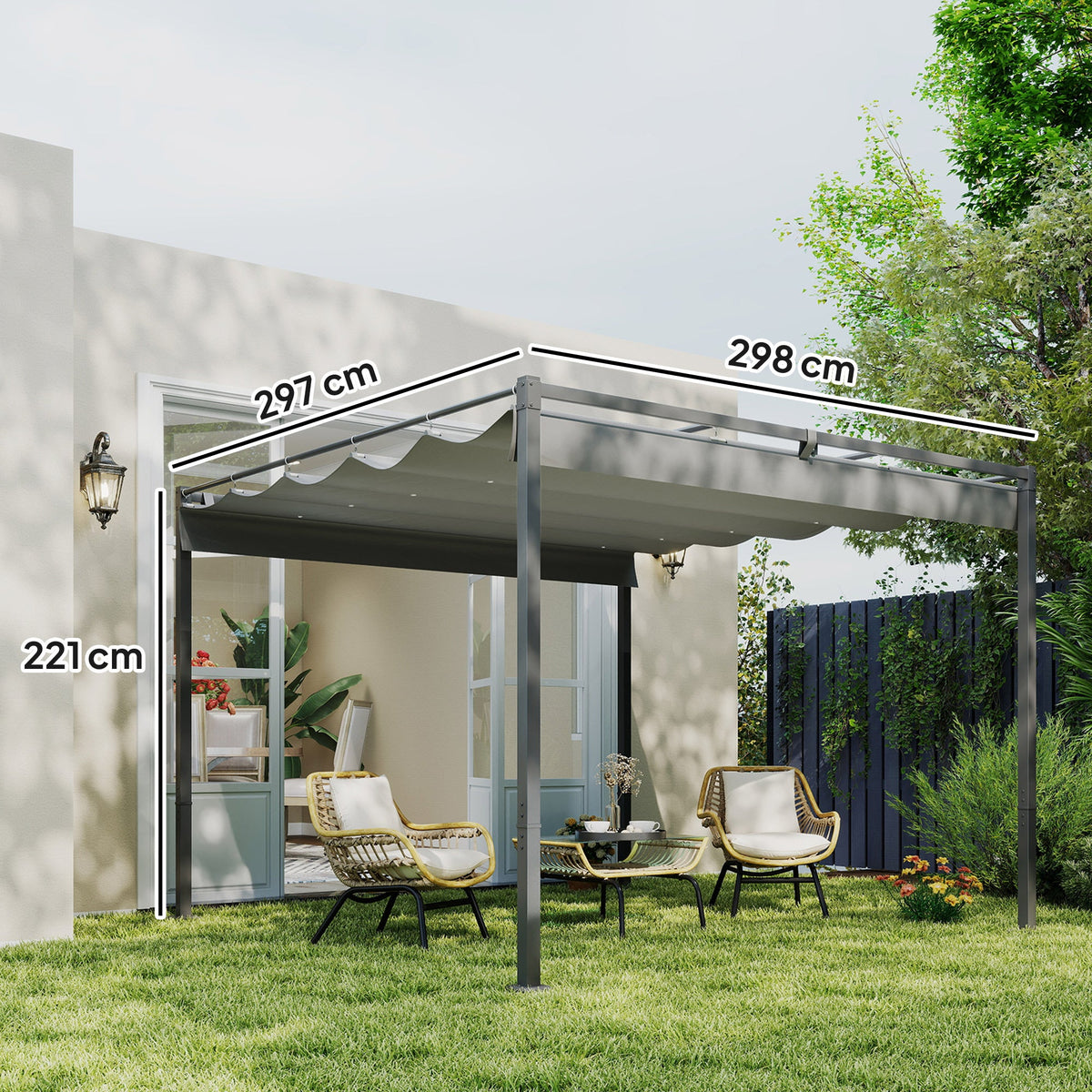 3 x 3m Garden Pergola with Retractable Roof & Magnetic Fixing, Grey — product view 5