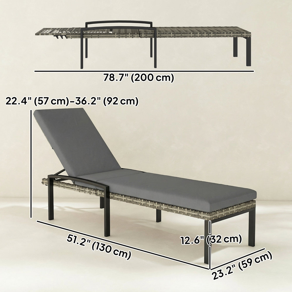 Pair of Wicker Chaise Loungers with 5-Level Backrest & Cushion, Light Grey — product view 5