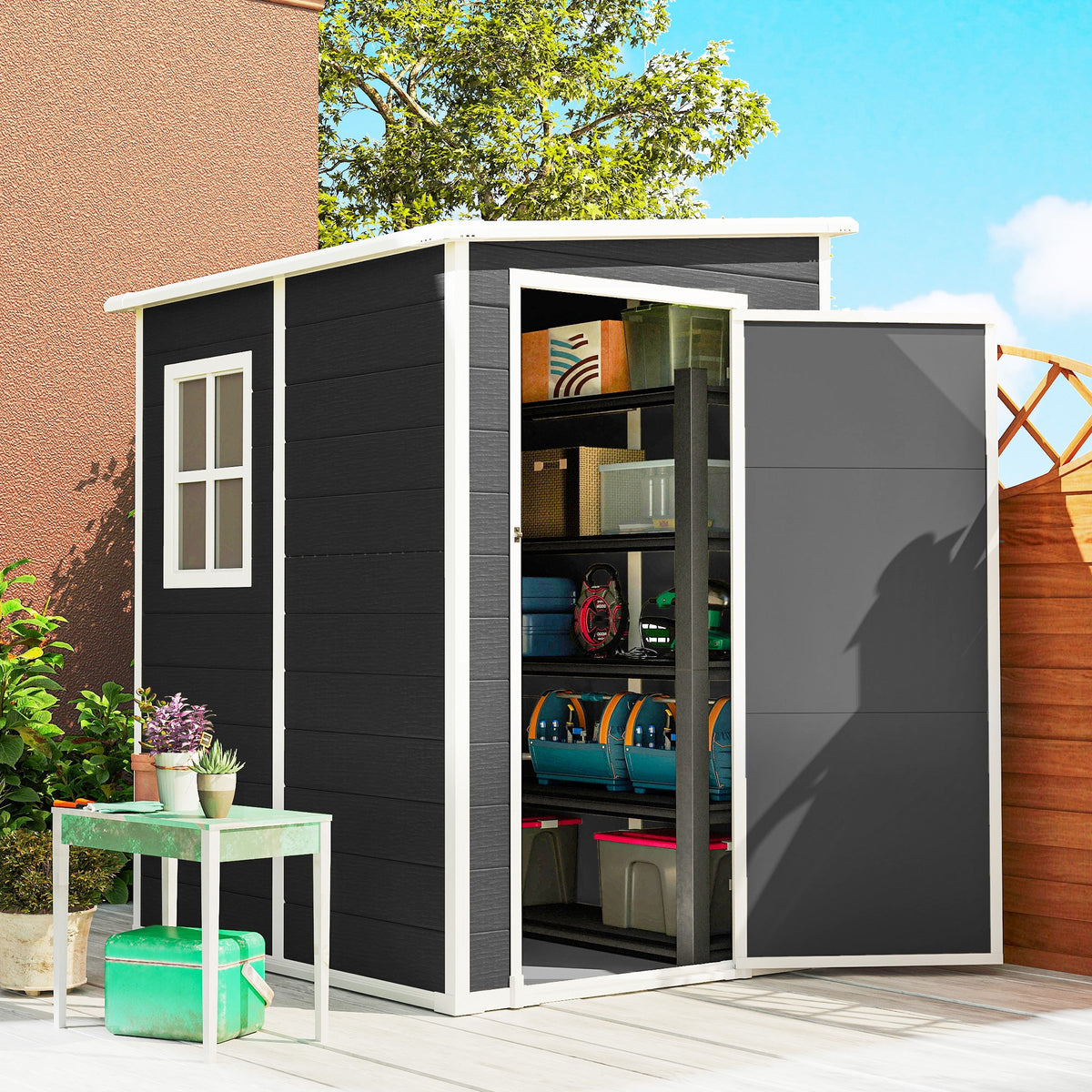 4 x 5FT Plastic Lean-to Garden Shed with Floor, Window and Vent, Black — product view 3