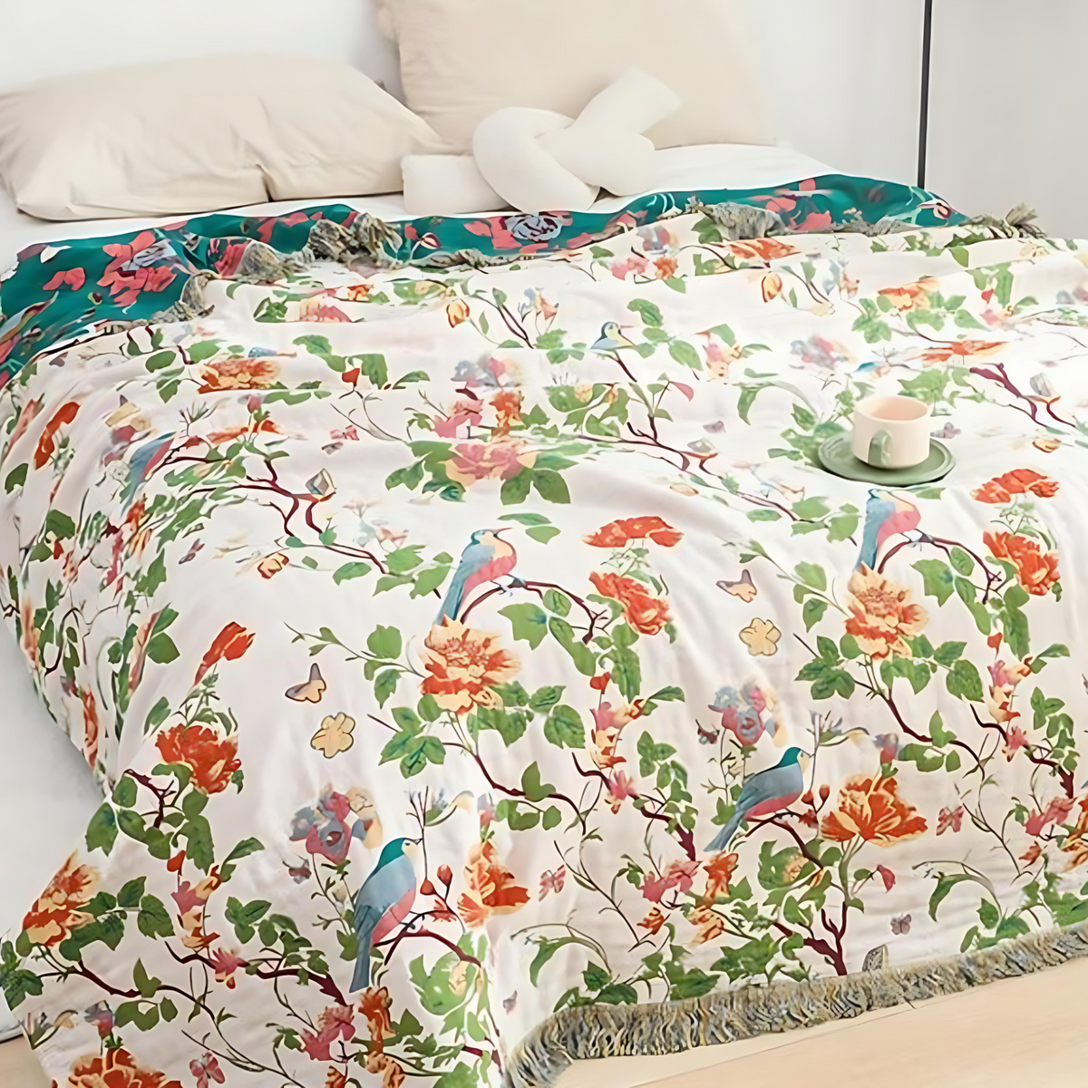 LoungeYard | Botanic Bluebird Reversible Cotton Blanket — product view 3
