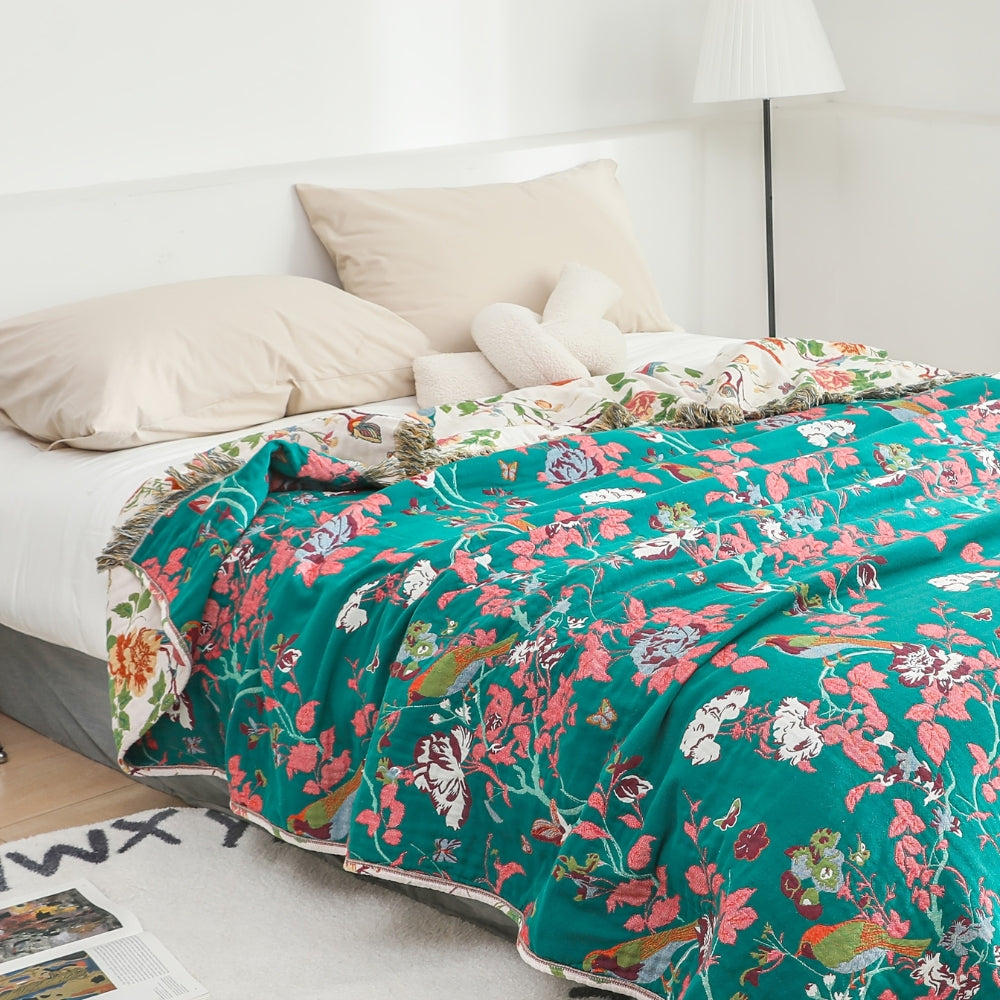 LoungeYard | Botanic Bluebird Reversible Cotton Blanket — product view 2