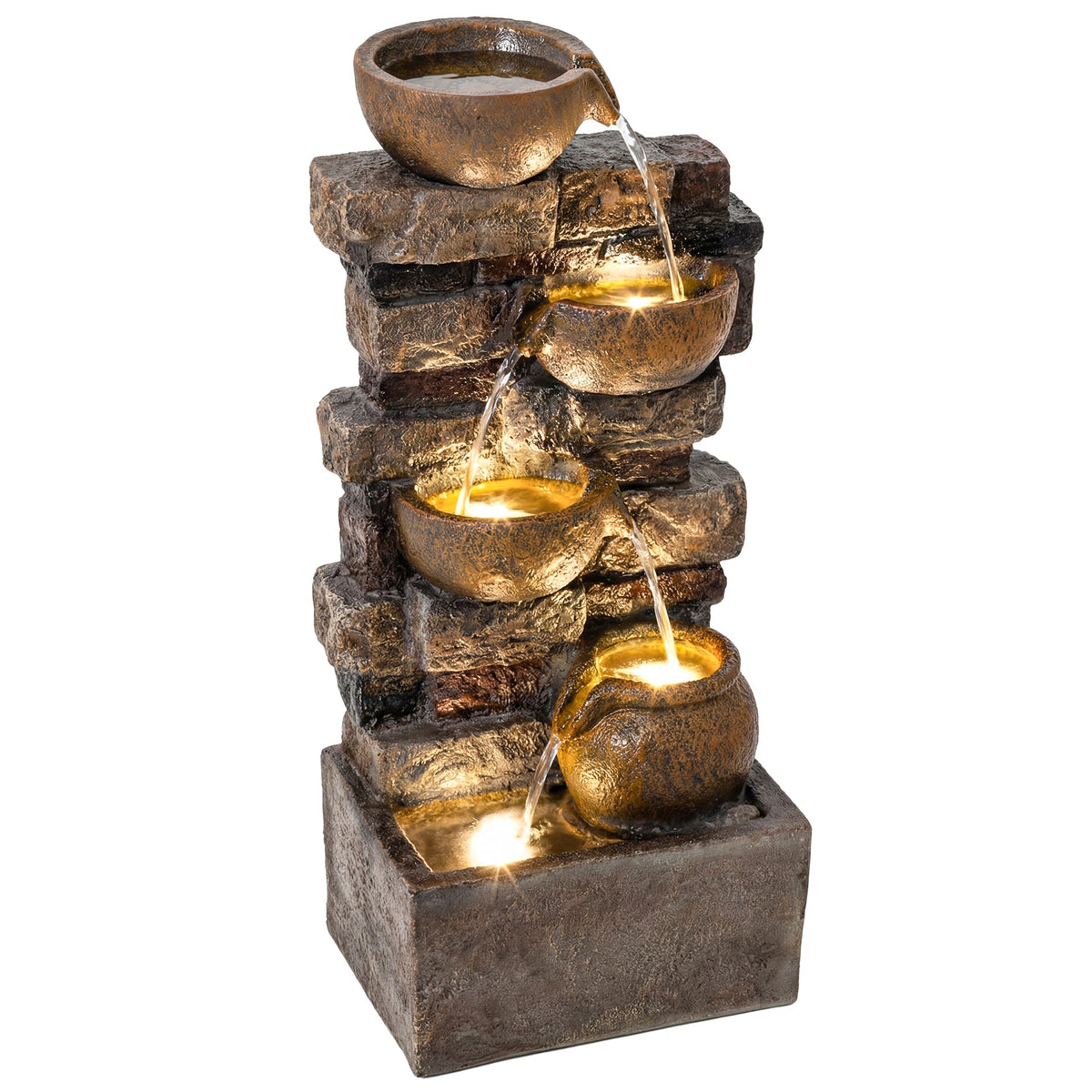 28" 5-Tier Outdoor Fountain with LED Lights and Adjustable Flow, Rustic Brown — product view 1