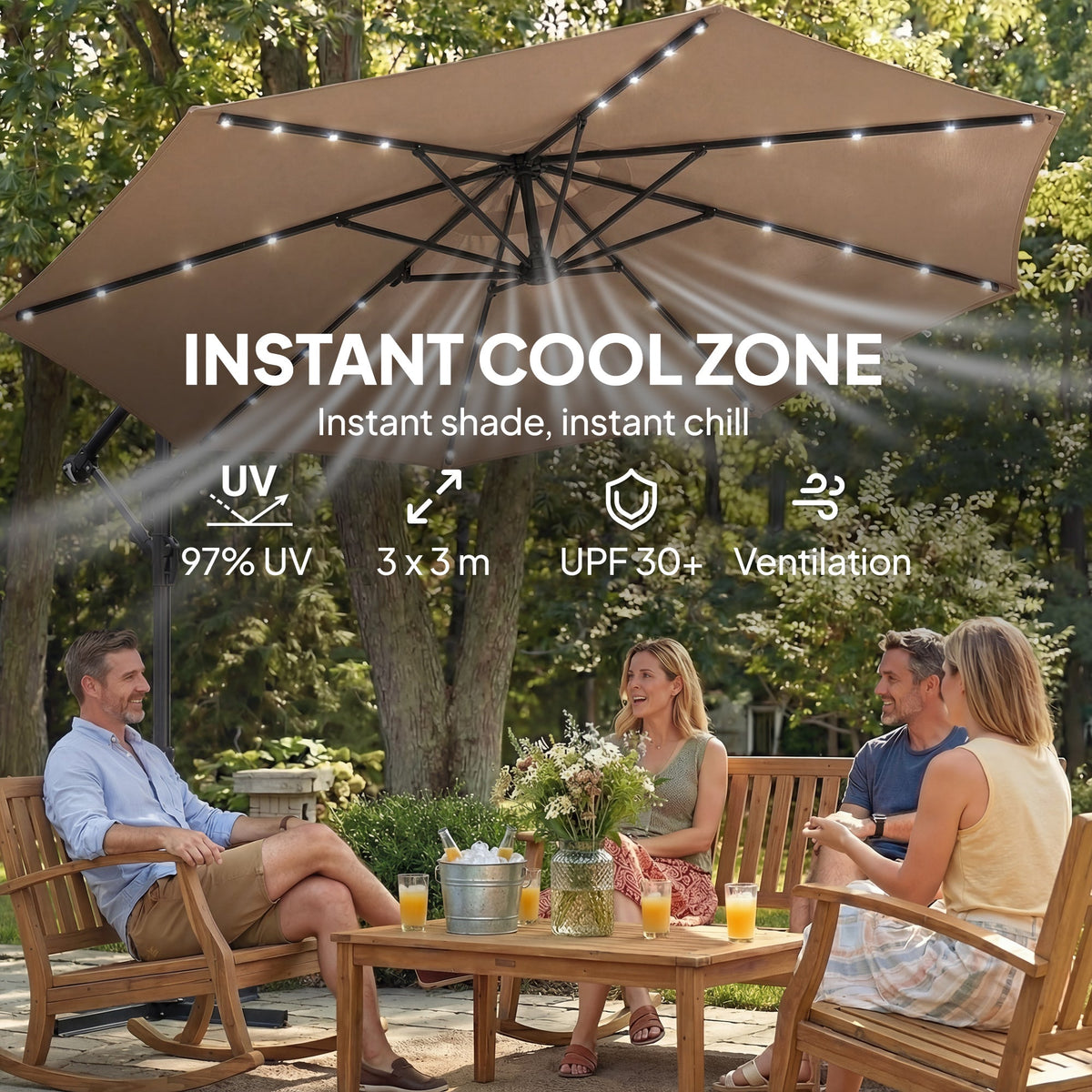 9.7 ft Cantilever Patio Umbrella with Solar LED Light and Cover, Khaki — product view 7