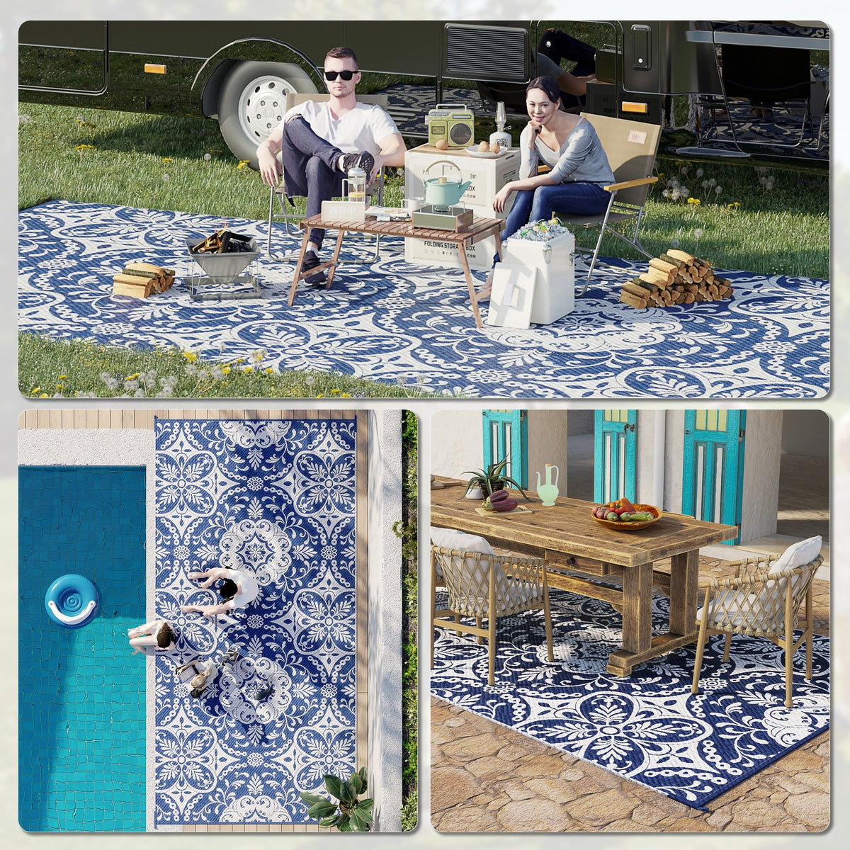 9' x 18' Reversible Outdoor Rug, Blue & White Floral — product view 7