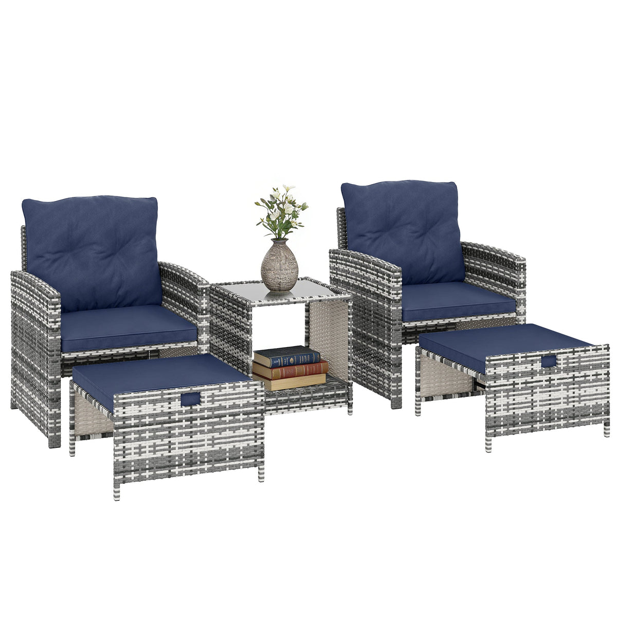 5-Piece Rattan Patio Set with Ottomans & 2-Tier Glass Table, Grey/Dark Blue — product view 1
