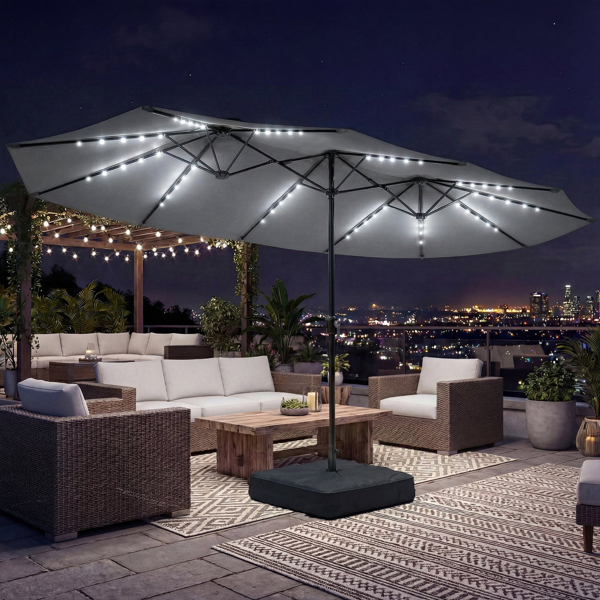 4.5 m Double-Sided Garden Parasol with LED Lights, Base & Sandbags, Grey — product view 4
