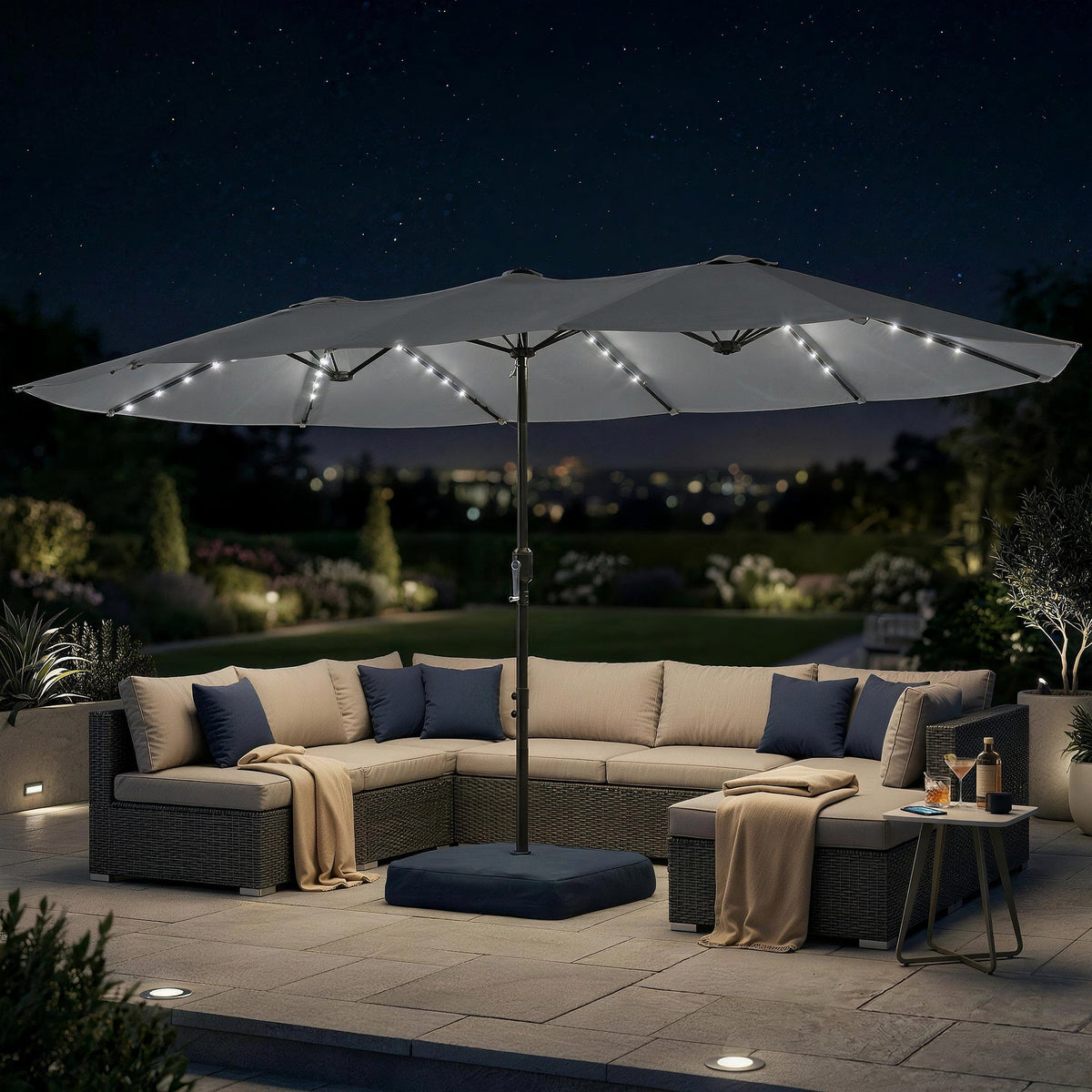 4.5 m Double-Sided Garden Parasol with LED Lights, Base & Sandbags, Grey — product view 3