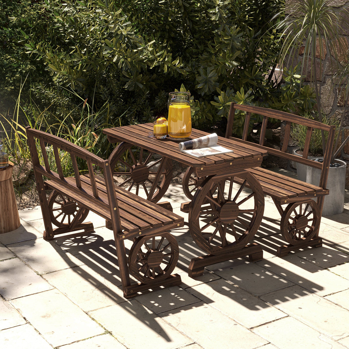 3-Piece Wooden Patio Dining Bench Set, Carbonized — product view 4