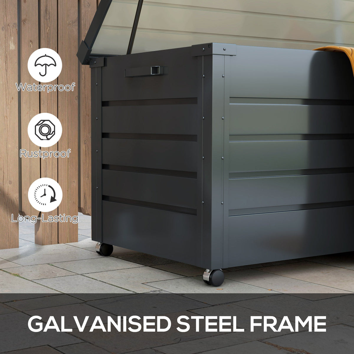 82 Gallon Galvanized Steel Deck Box with Wheels and Handles, Dark Grey — product view 7