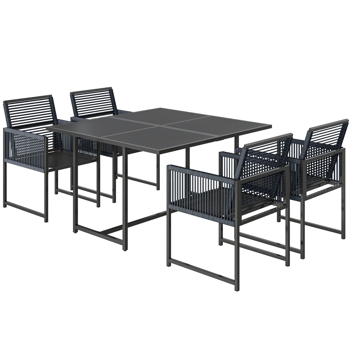 5-Piece Dark Grey Rattan Dining Set with Tempered Glass Top & Foldable Chairs — product view 2