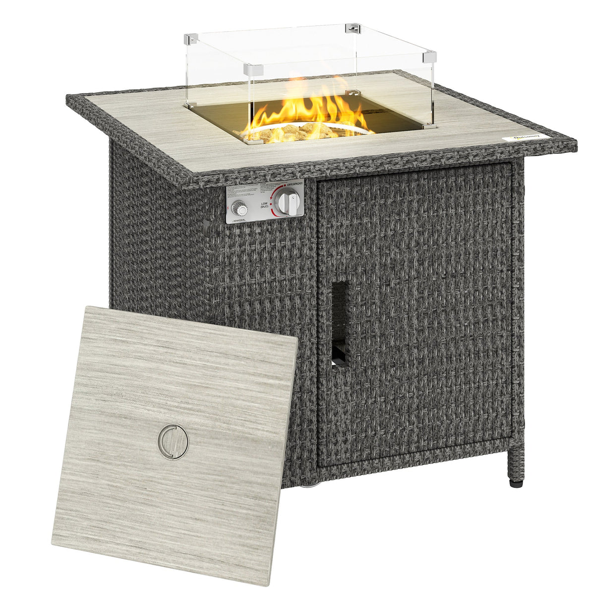 14.5 KW Rattan Gas Fire Pit Table with Cover, Wind Guard & Lid, Dark Grey — product view 1