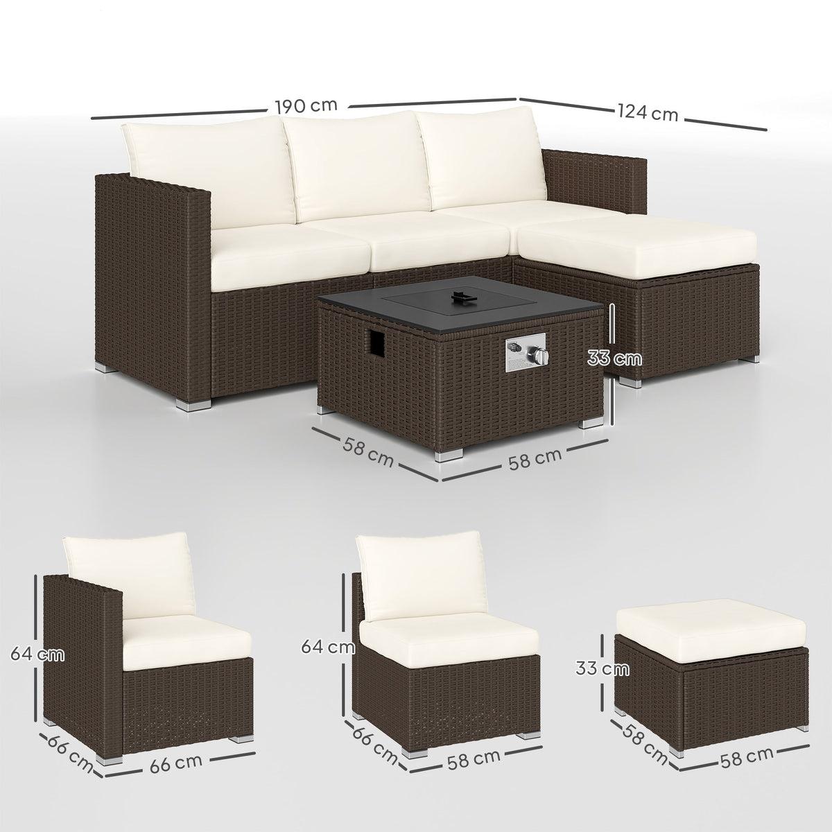 5 Piece Rattan Garden Furniture Set with Gas Fire Pit Table & Footstool, Brown/Cream — product view 5