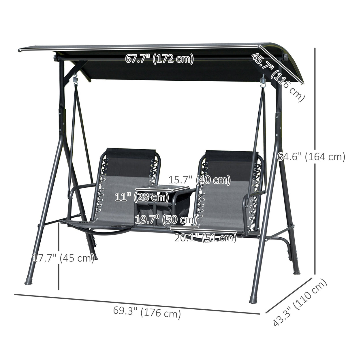 2 Person Porch Swing with Pivot Table, Cup Holder and Canopy, Black — product view 5