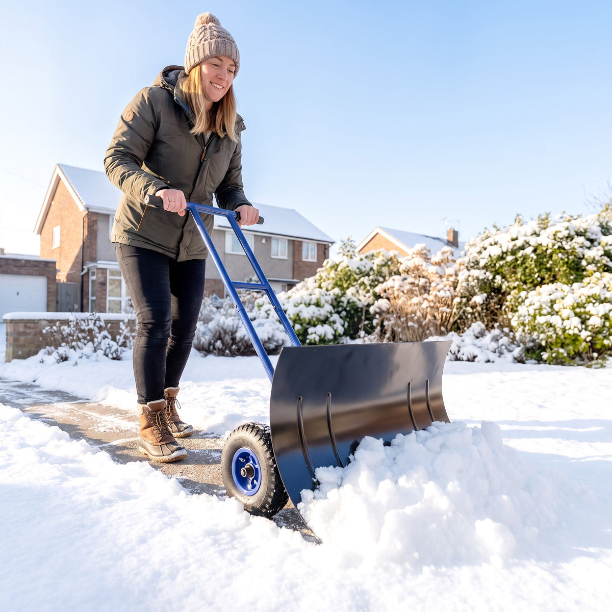 Heavy-Duty Metal Snow Pusher with Wheels, Adjustable Handle, 29" x 18" Blue — product view 4