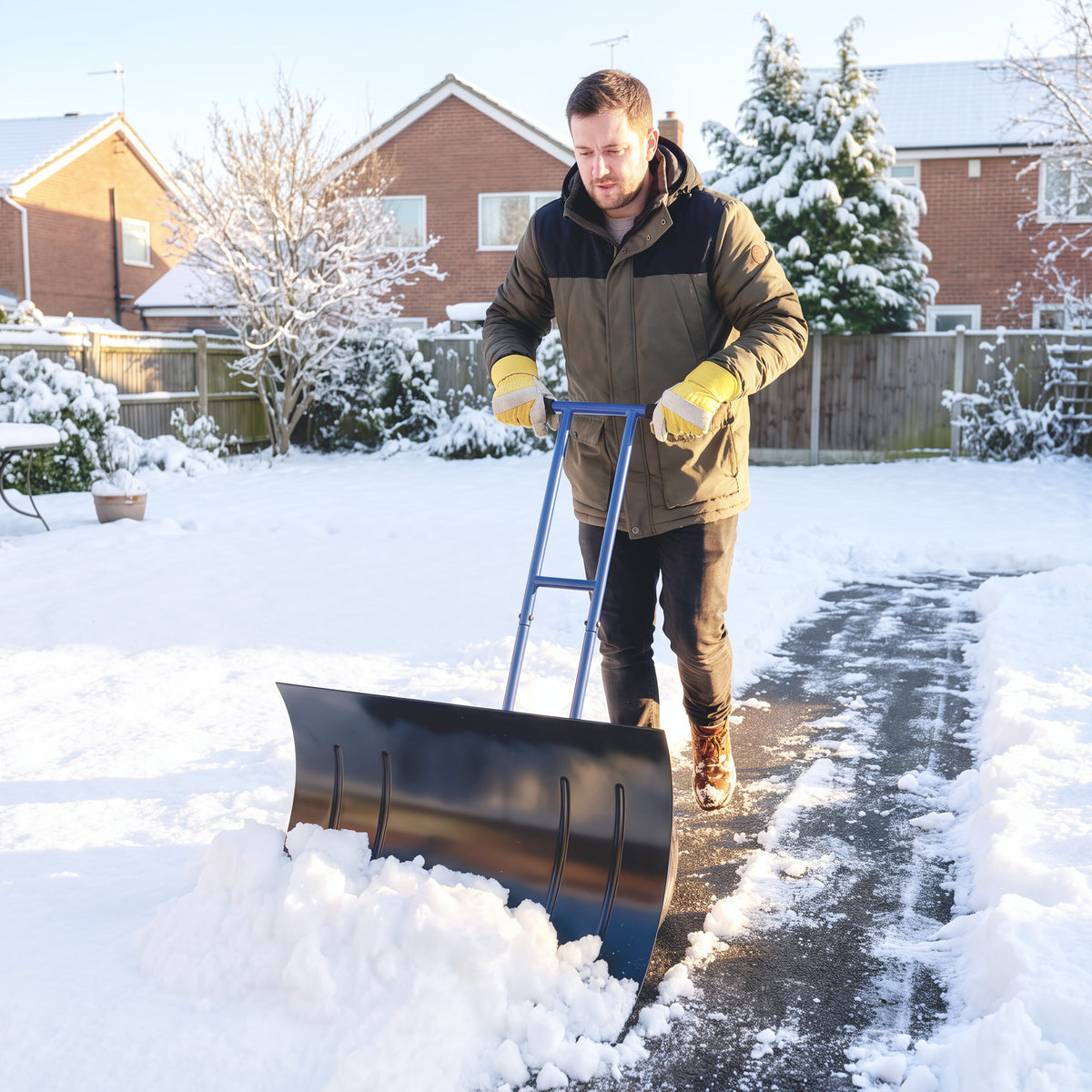 Heavy-Duty Metal Snow Pusher with Wheels, Adjustable Handle, 29" x 18" Blue — product view 3
