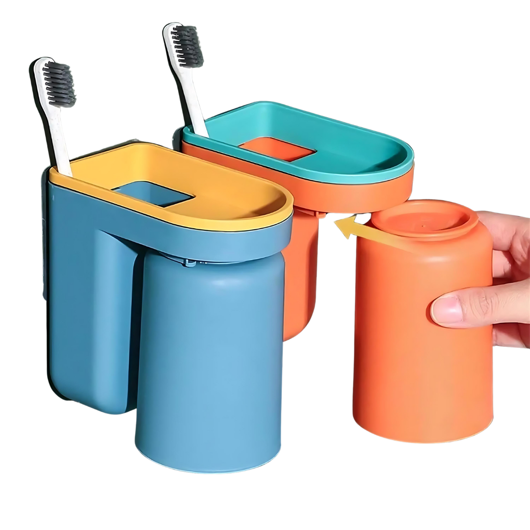 LoungeYard | Toothbrush Holder with Cup | Wall-Mounted | Self-Adhesive | ABS Plastic | 11.5×7×12.5cm — product view 1