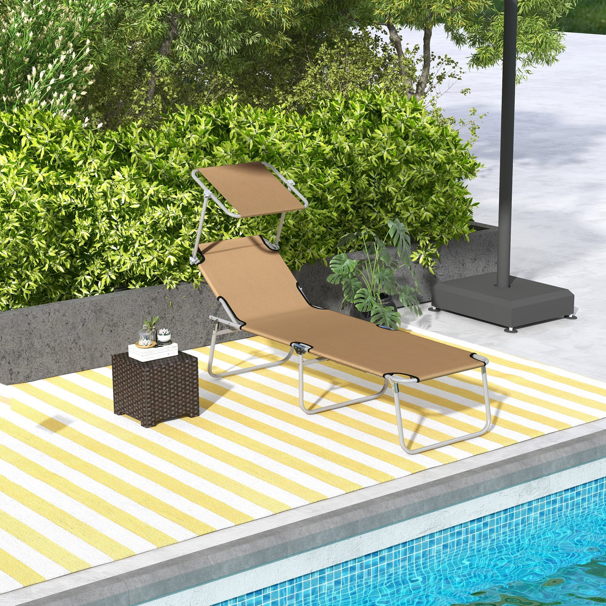Adjustable Folding Lounge Chair with Sun Shade, Brown — product view 3