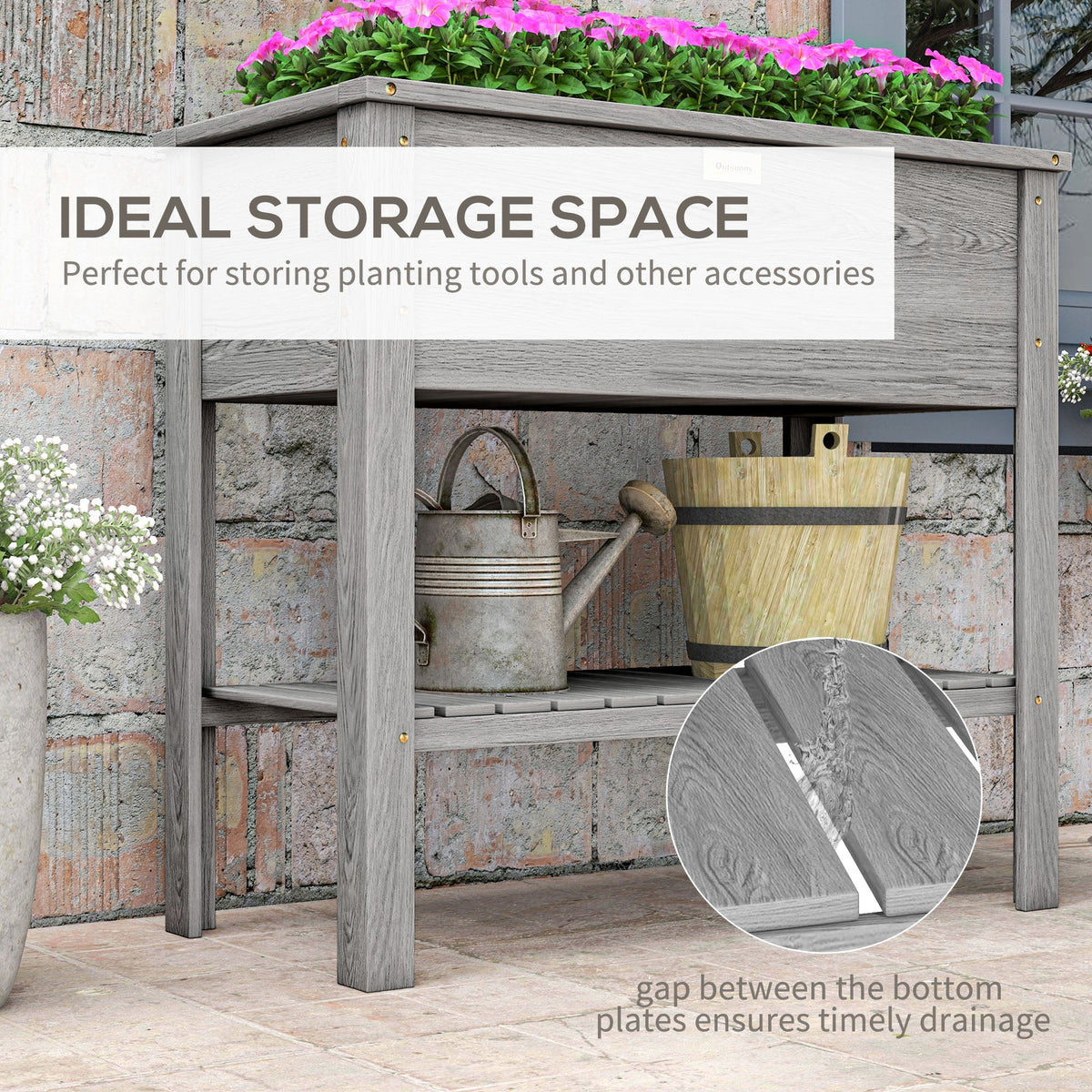 Wooden Raised Garden Bed with Storage Shelf and Drainage Holes, Grey — product view 7