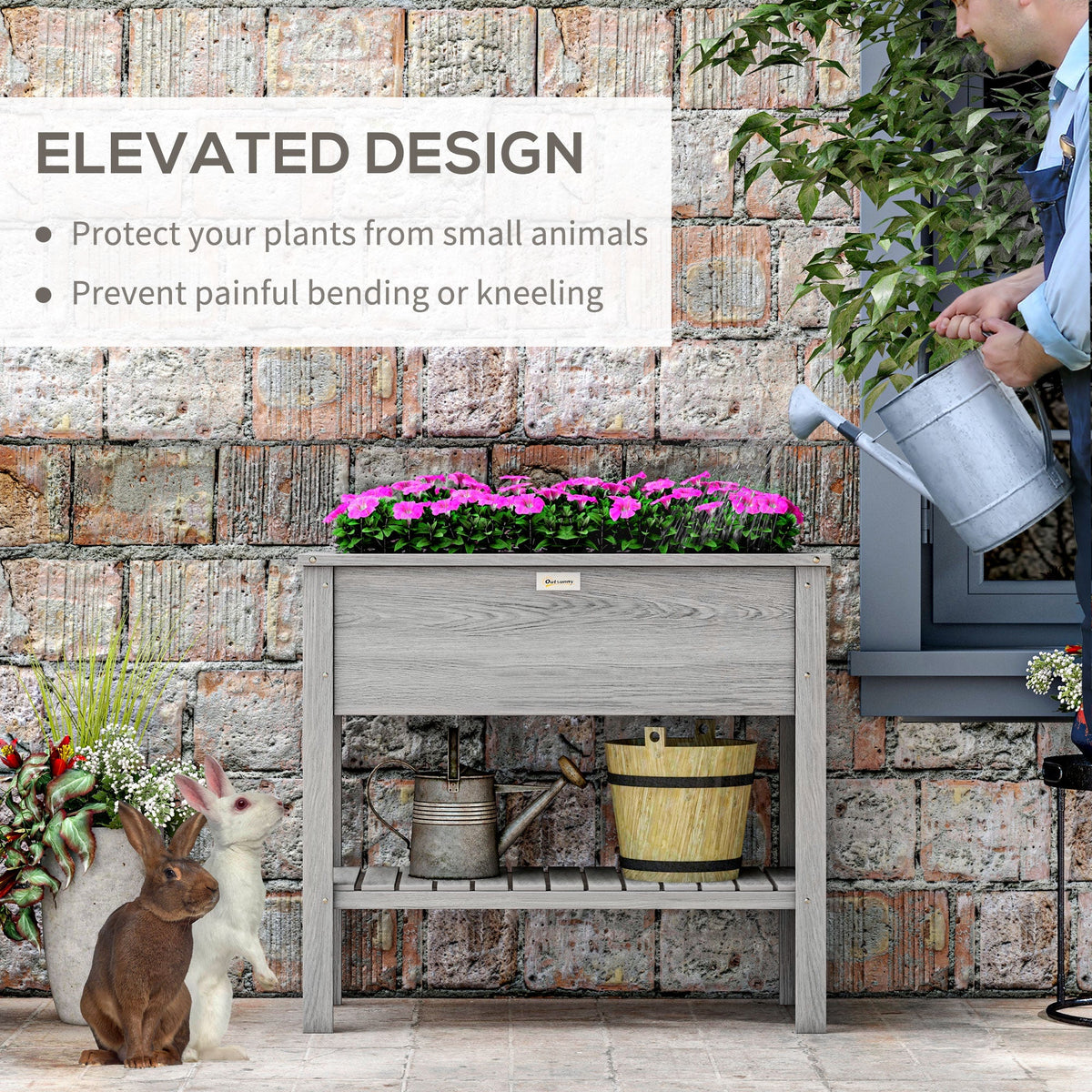 Wooden Raised Garden Bed with Storage Shelf and Drainage Holes, Grey — product view 6