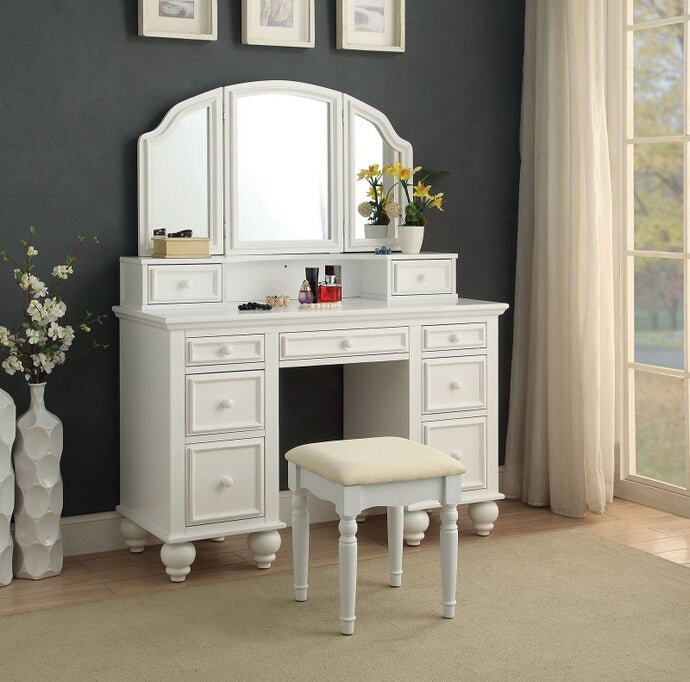Athy 3-Piece White Finish Wood Makeup Bedroom Vanity Set with Tri-Fold Mirror and Stool – CM-DK6848WH — product view 1