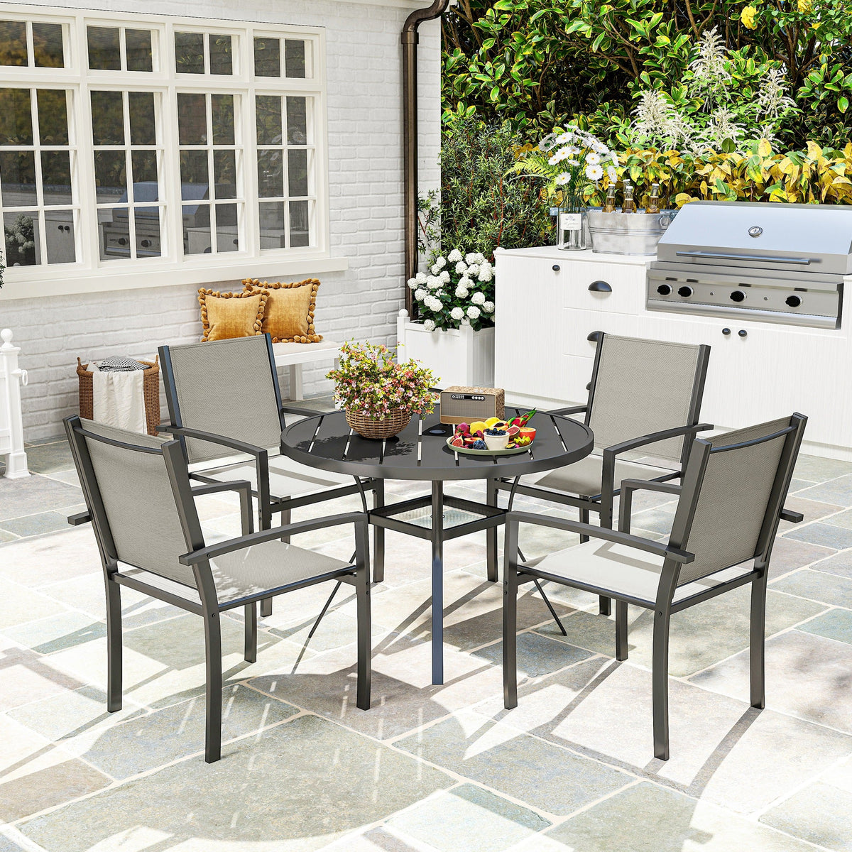 5 Piece Garden Dining Set with Round Table & 4 Stackable Chairs, Dark Grey — product view 3