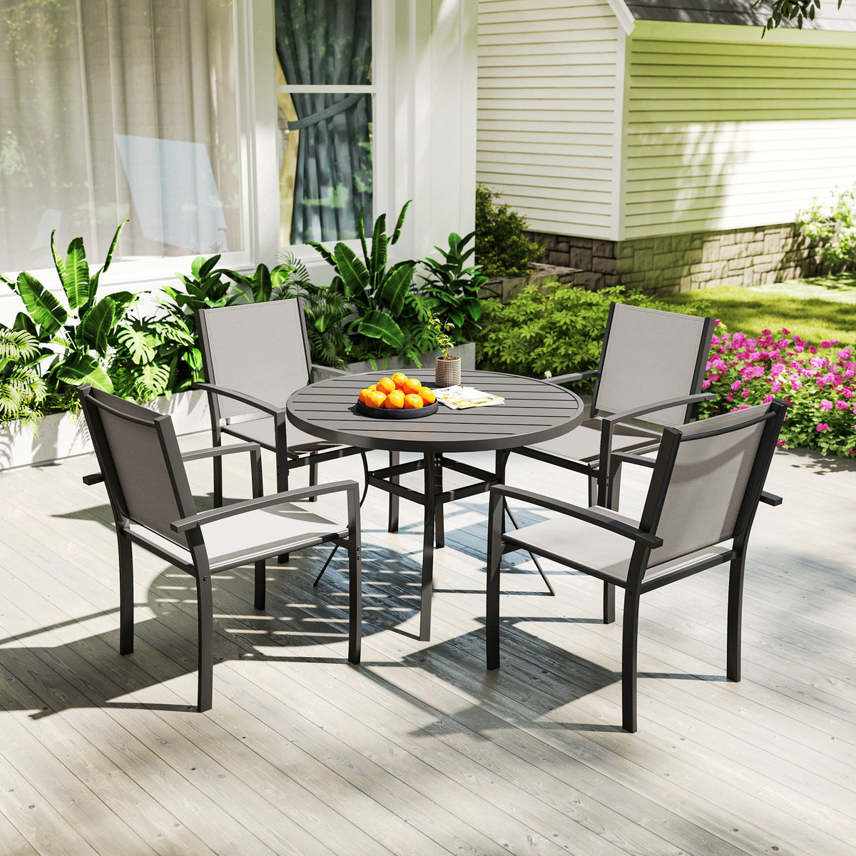 5 Piece Garden Dining Set with Round Table & 4 Stackable Chairs, Dark Grey — product view 4