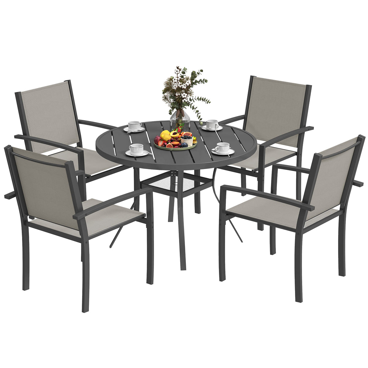 5 Piece Garden Dining Set with Round Table & 4 Stackable Chairs, Dark Grey — product view 2