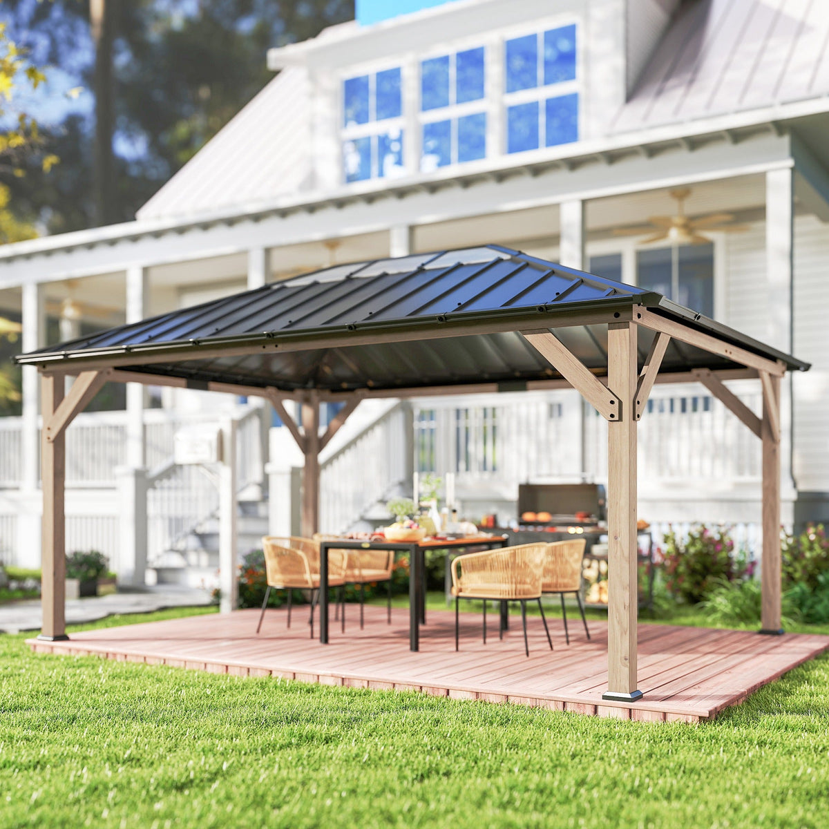 12' x 16' Wood Hardtop Gazebo with Clear Roof, Light Walnut — product view 4