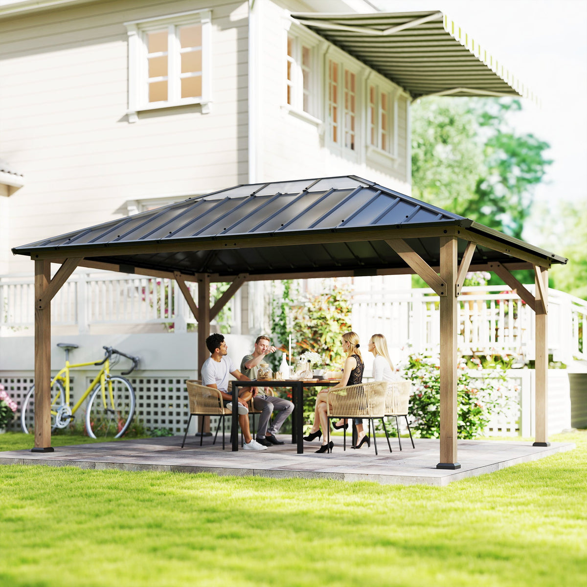 12' x 16' Wood Hardtop Gazebo with Clear Roof, Light Walnut — product view 3