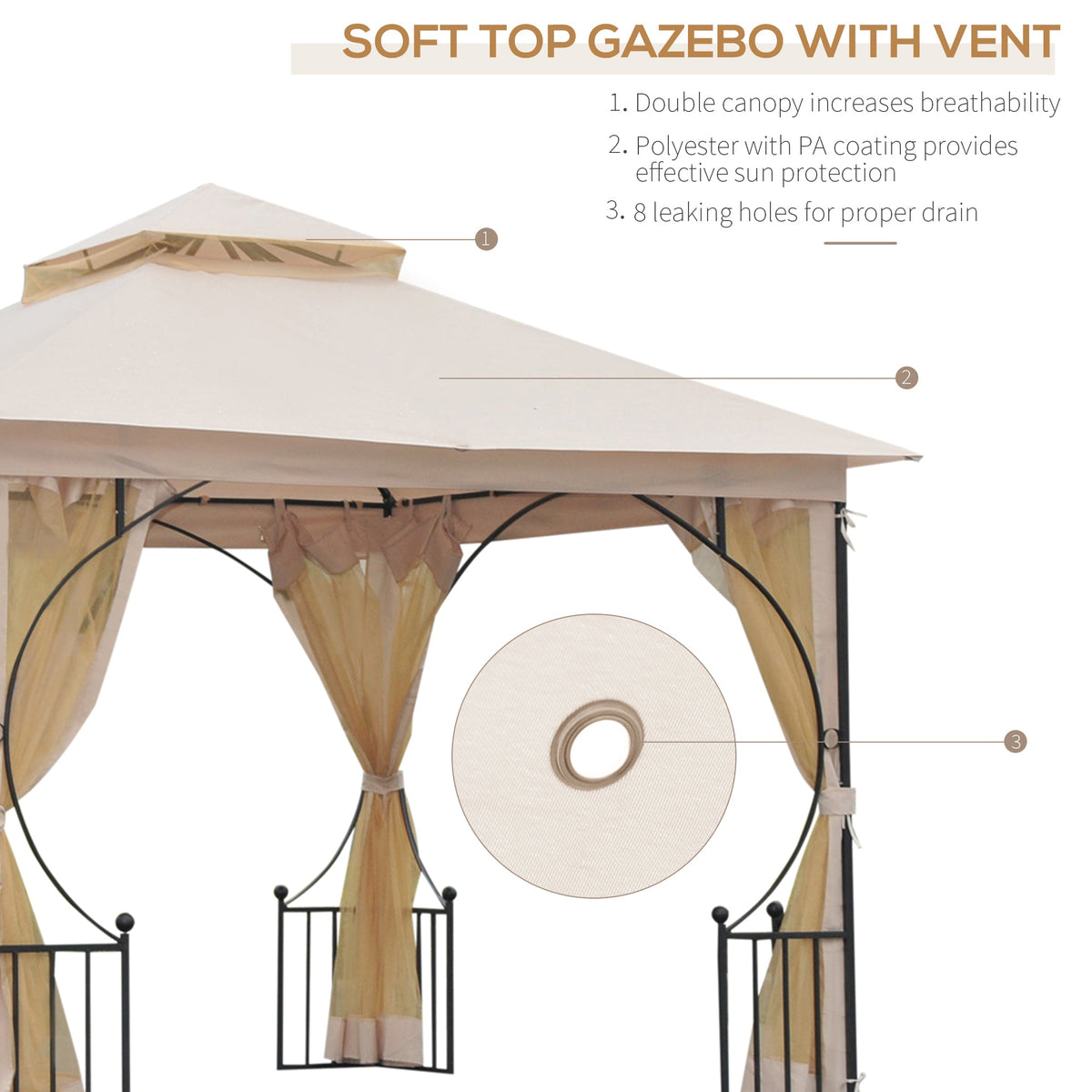 3 x 3m Garden Gazebo with Double Tier Roof & Netting, Beige — product view 6