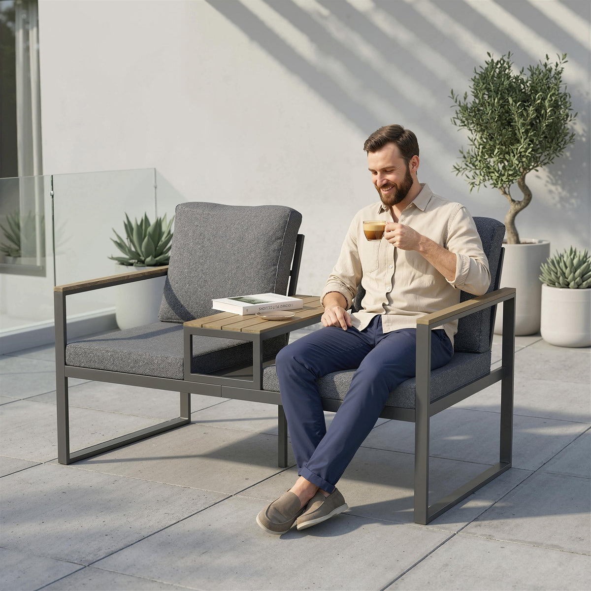 2-Seat Outdoor Garden Bench with Center Table and Thick Cushions, Light Grey — product view 4