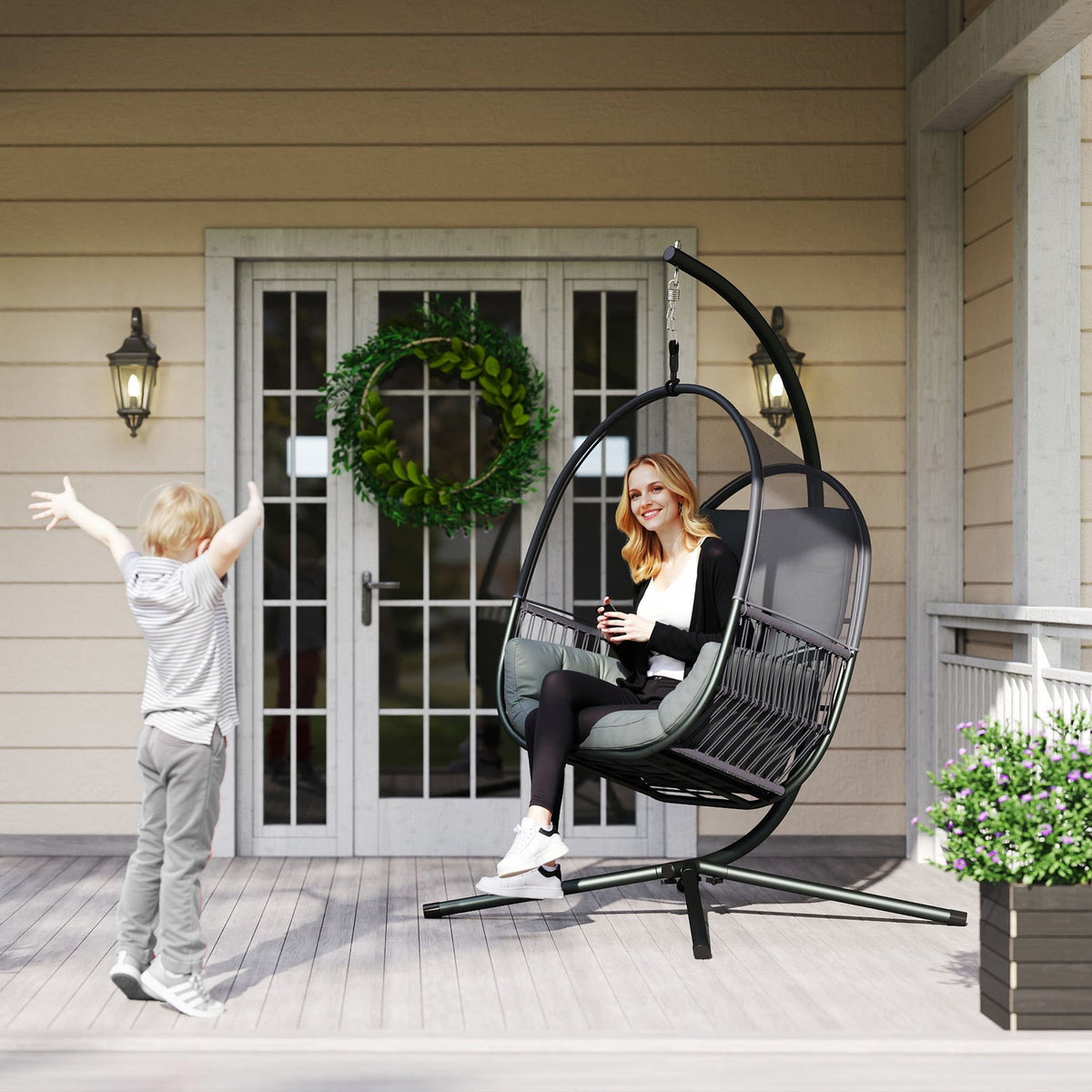 Hanging Egg Chair with Stand, Cushions & Lumbar Pillow, Dark Grey — product view 4